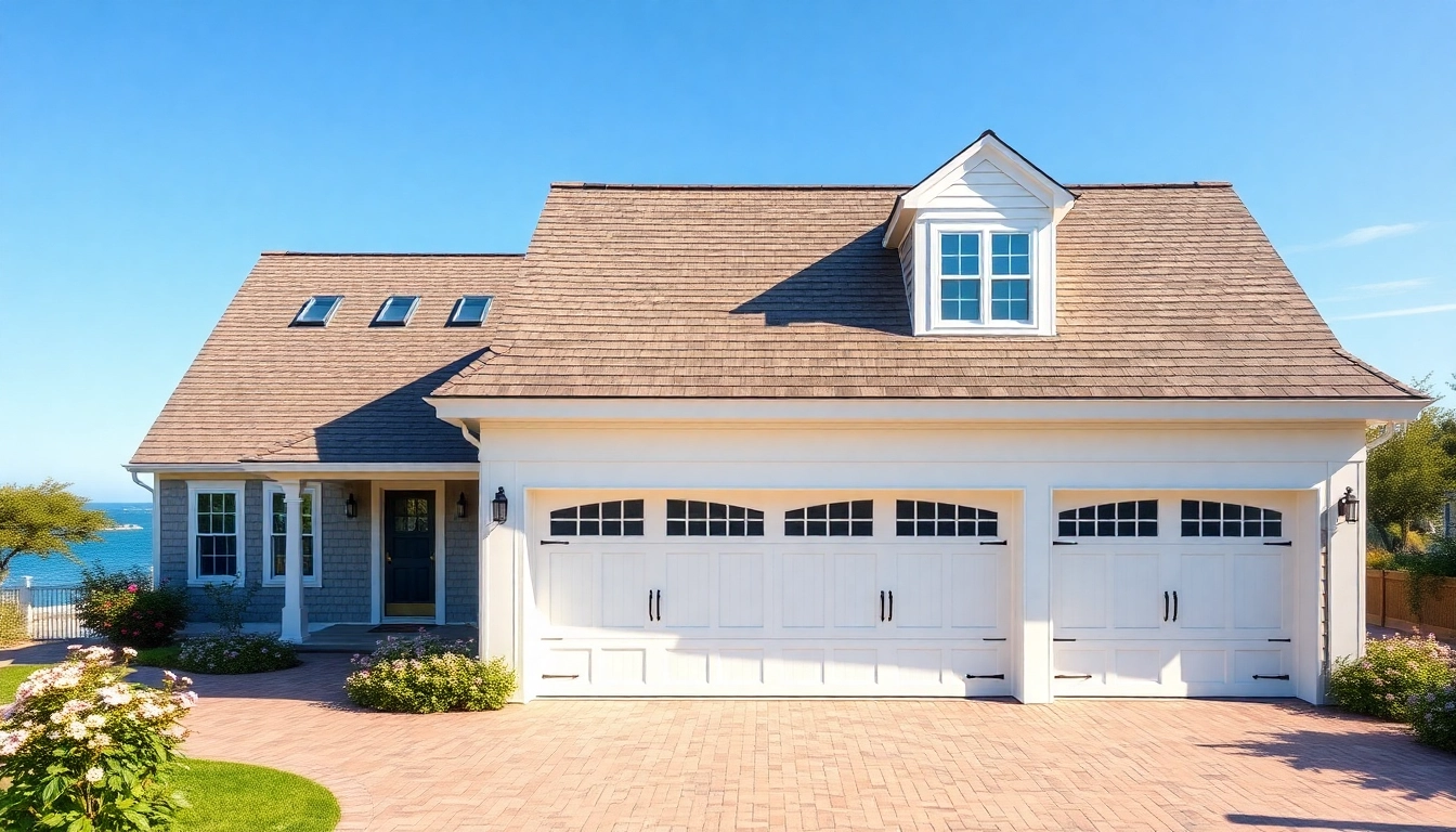 Elegant cape cod homes featuring an attached garage in a charming coastal setting.