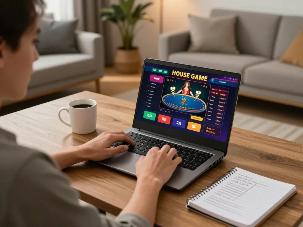 Excited player engaging on nhà cái fly88 platform using a laptop in a cozy home setting.