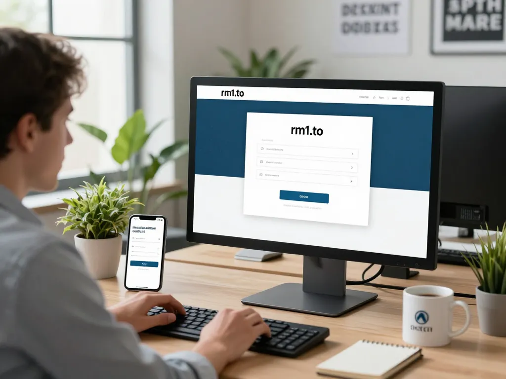 User accessing rm1.to login page on monitor in modern office