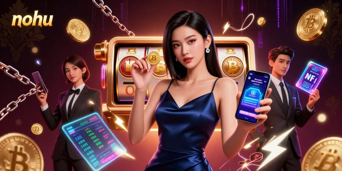 Take your chances at nohu slots with vibrant graphics and a confident player holding a winning chip.