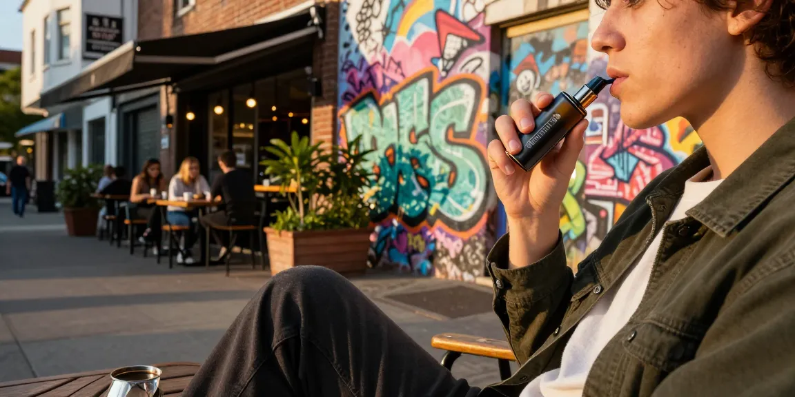 Person enjoying a THC vape in an urban setting, showcasing thc vape korea lifestyle.