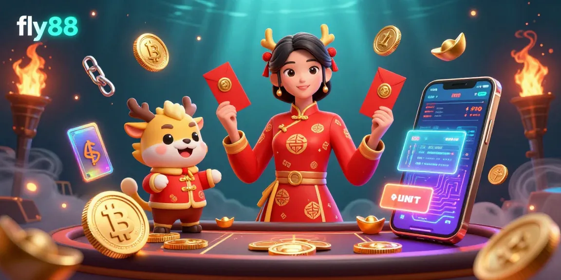 Engage with the vibrant gaming world of fly88 featuring crypto elements, festive characters, and lively casino scenes.