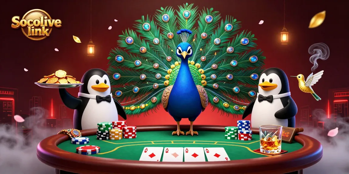 Socolive link enhances the poker scene featuring a peacock and butler penguin with vibrant chips.