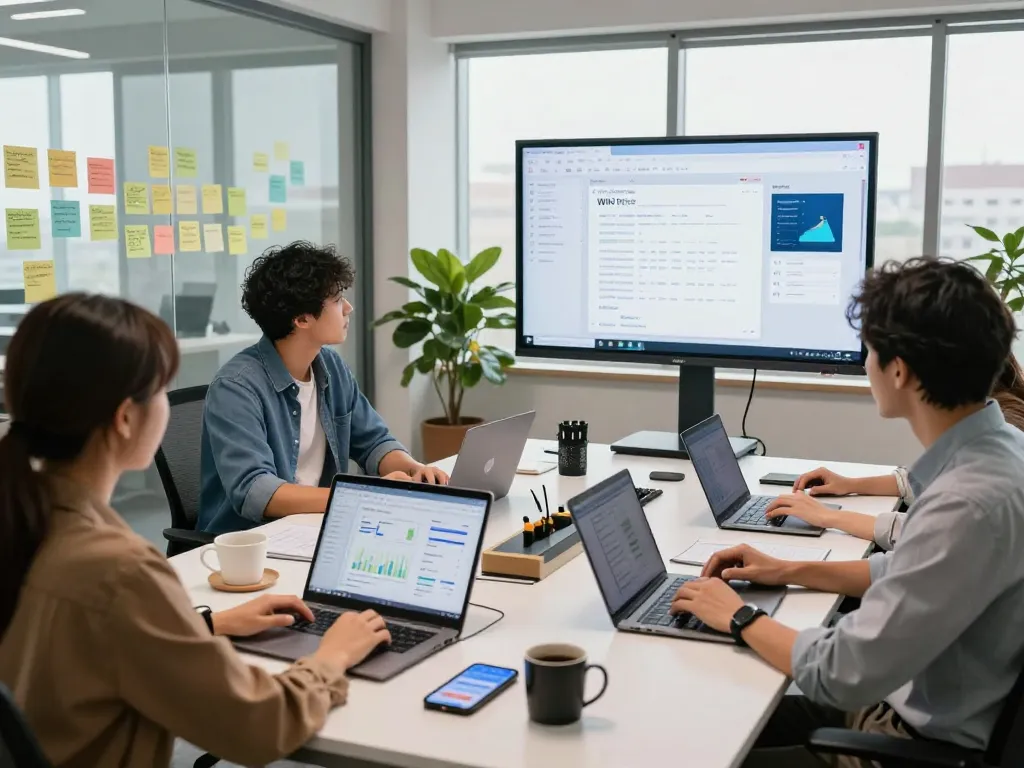 Diverse team using WPS Office software in modern workspace for collaboration