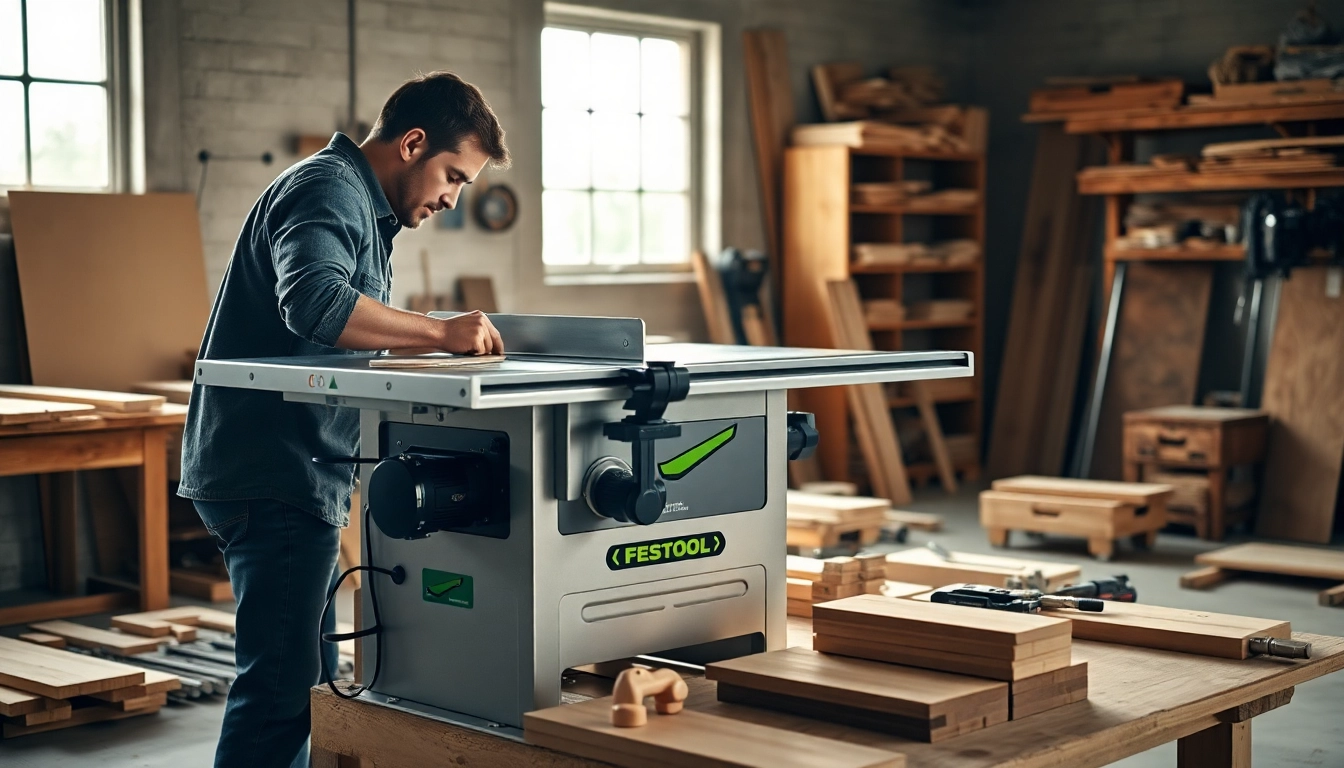 The festool table saw enables precise cutting in a professional workshop environment, showcasing its advanced features and design.