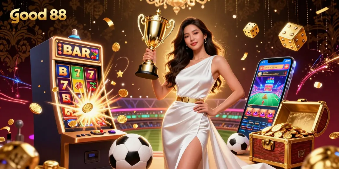 Experience thrilling wins with good 88 at an ultra-detailed 3D casino scene filled with vibrant game elements.