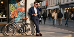 Stylish man in men's fashion outfit displaying urban chic during late afternoon.