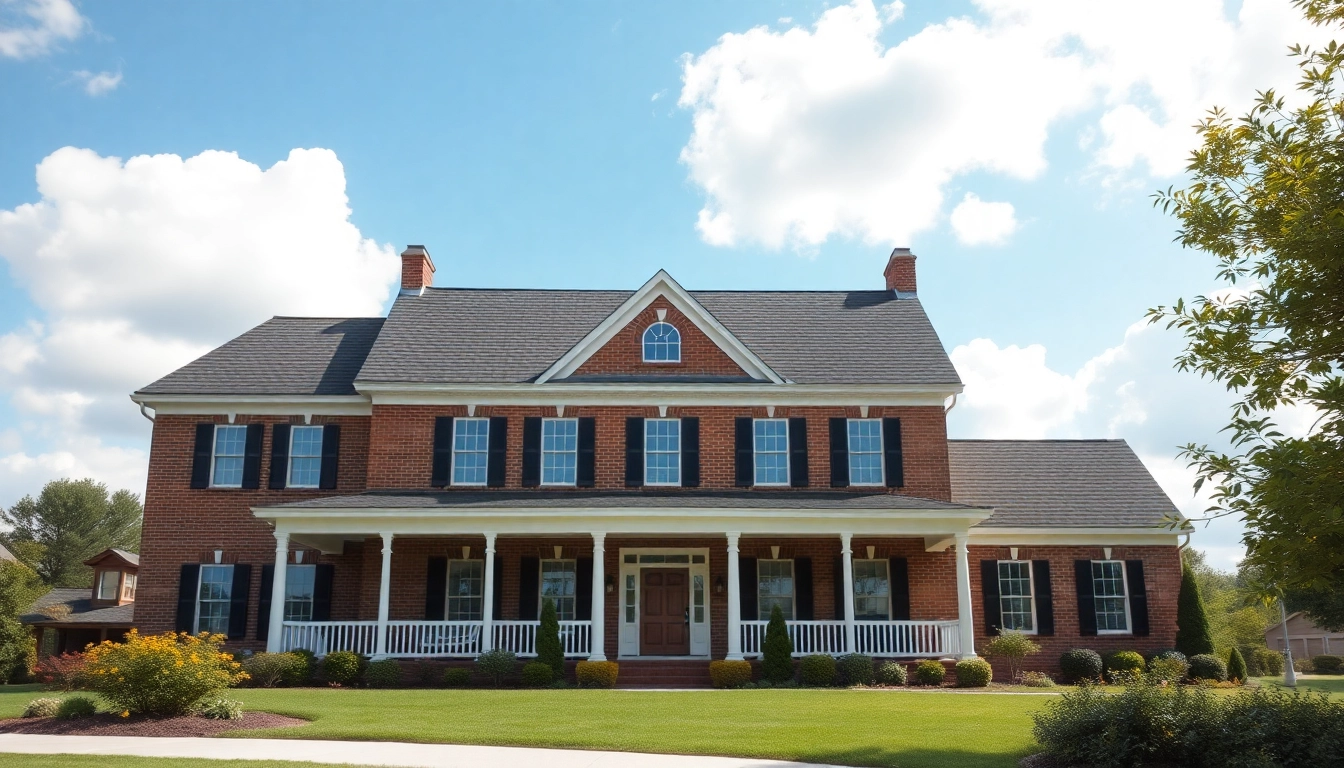 Impressive colonial home construction with inviting porch and lush garden.