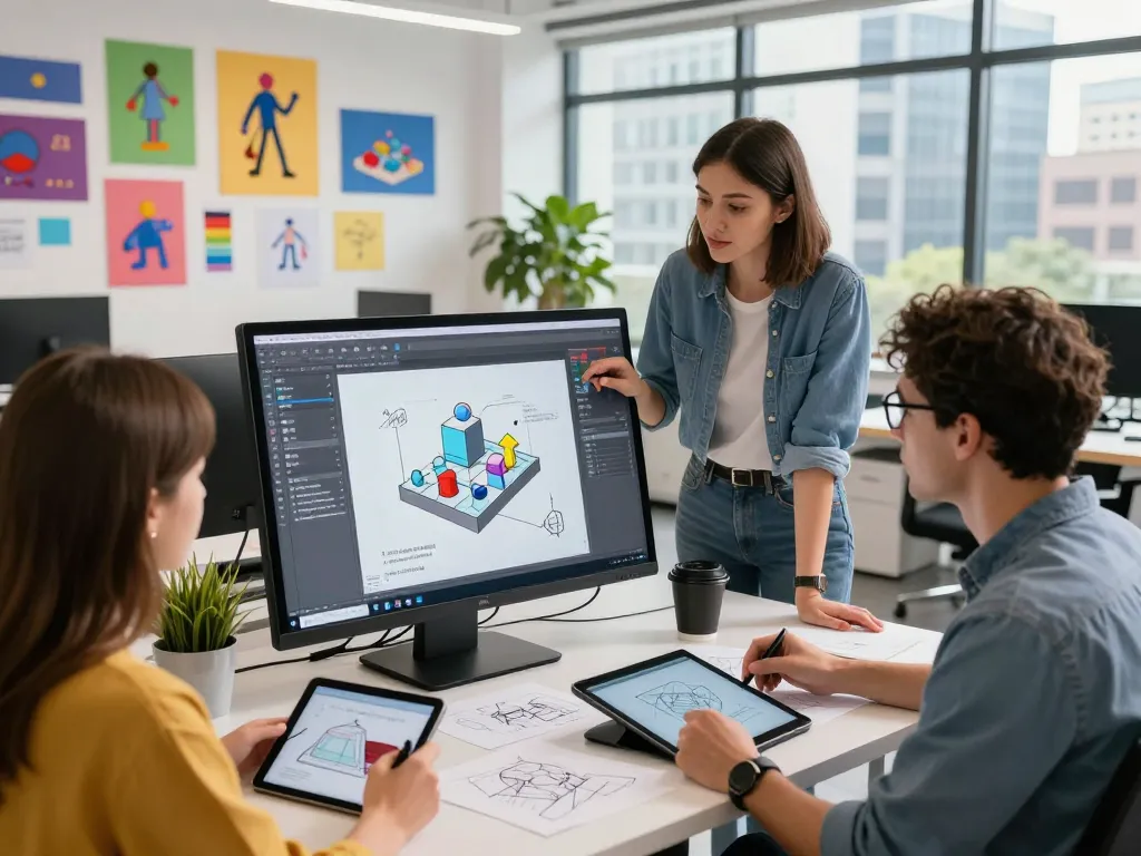 Designers generating 3D models from text in a vibrant tech workspace