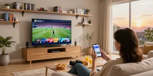 Pikashow APK movie streaming scene in a cozy living room with snacks and smart TV.