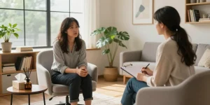 Therapy session discussing 抑鬱症, psychiatrist engaging with patient in a calming environment.