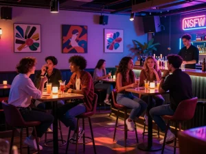 Dynamic NSFW-themed nightlife scene with vibrant lighting and social interactions