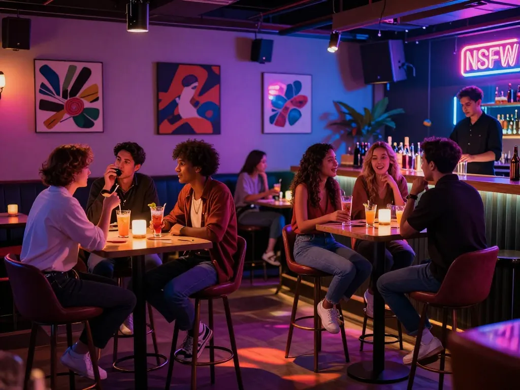 Dynamic NSFW-themed nightlife scene with vibrant lighting and social interactions