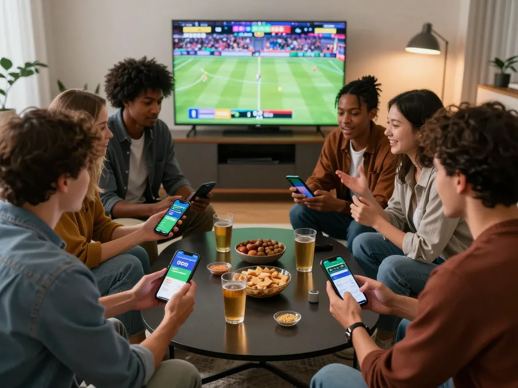 Friends enjoying online betting on https://okfun.onl/ in a cozy living room during a sports game, showcasing technology and camaraderie.