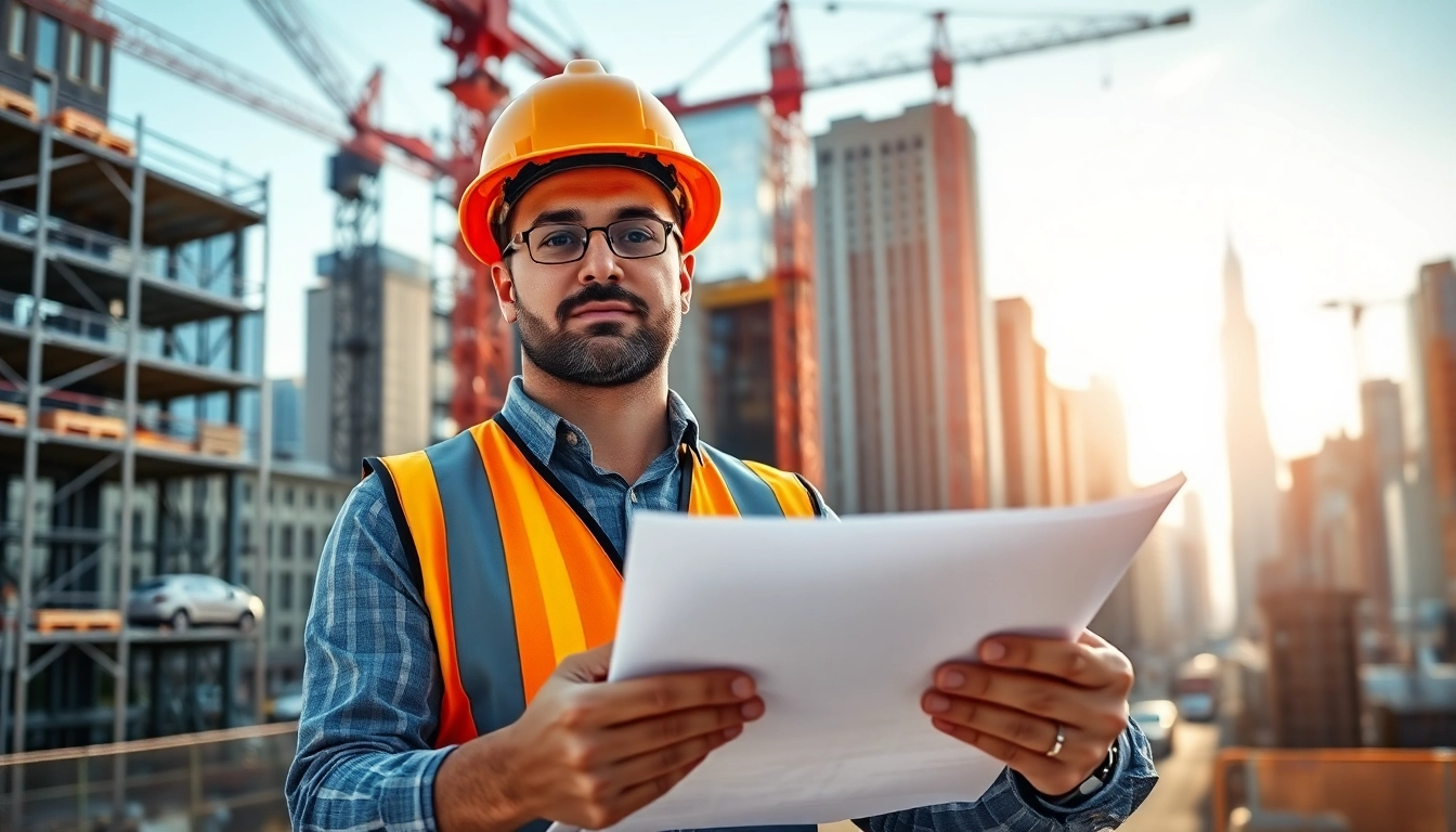 New York City Construction Manager supervising a bustling urban construction site.