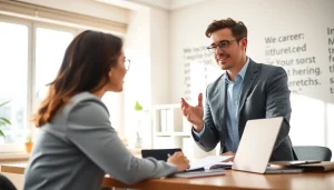 Career coaching session between a professional coach and client in a warm, inviting office.