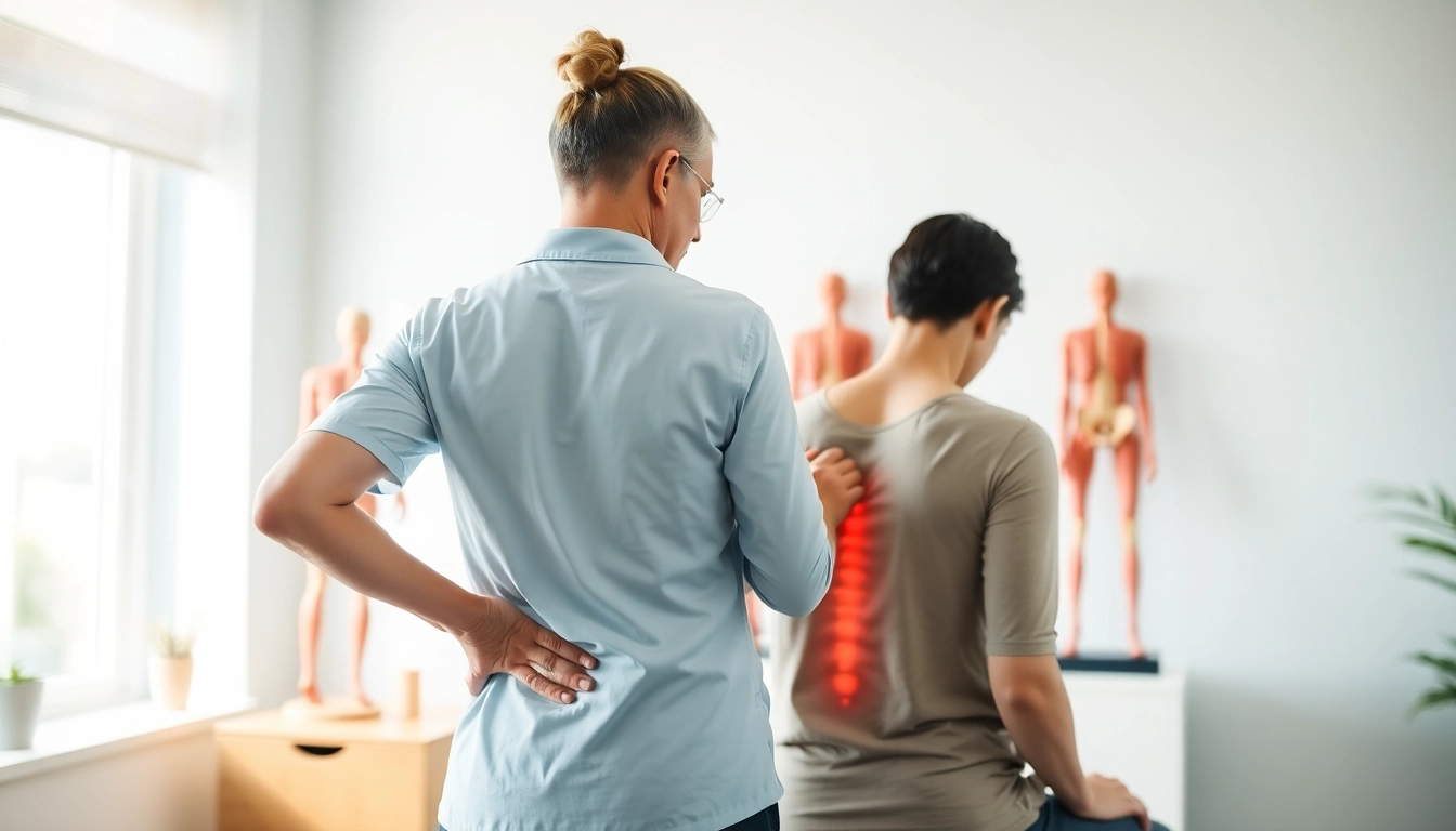 Showcase back pain solutions with a therapist assisting a patient, emphasizing care and professionalism.