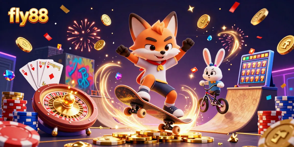 Join the excitement at fly88 with a vibrant 3D casino illustration featuring thrilling games and characters.