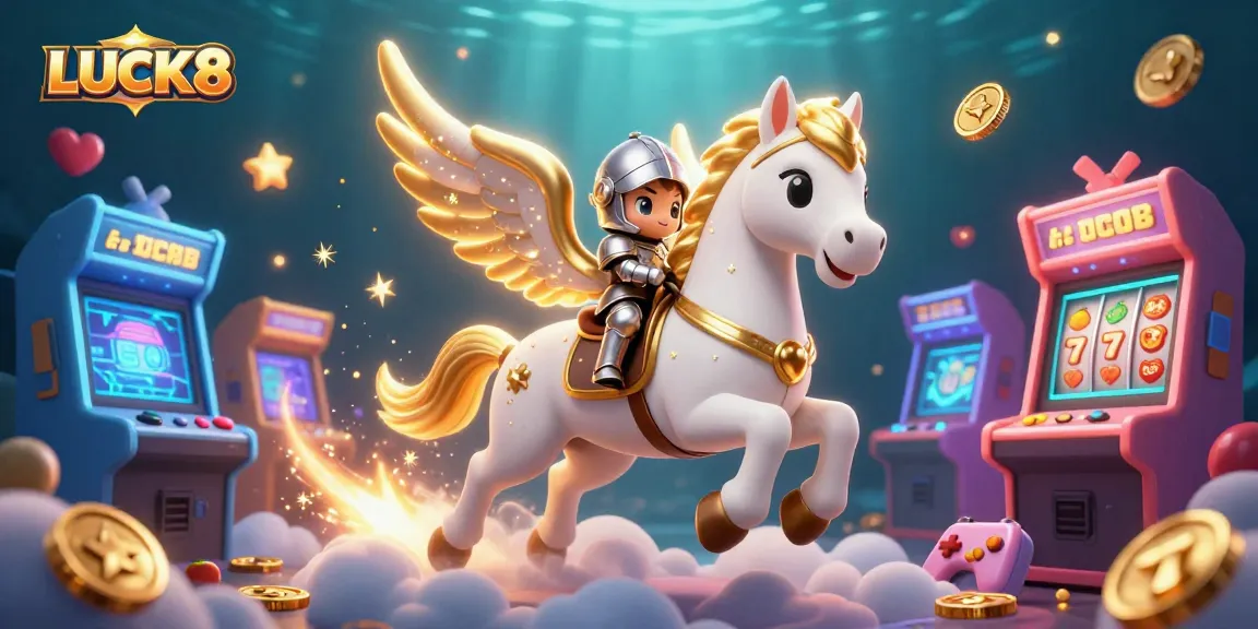 Spin the LUCK8 slots with vibrant 3D visuals featuring a celestial horse and knight.