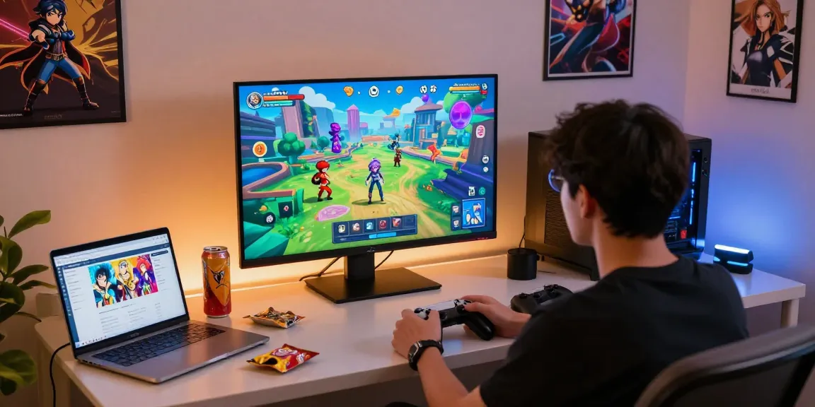 Player enjoying hentaigames in a cozy, modern gaming space with vibrant graphics.