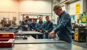 Engage in sheet metal training as an instructor demonstrates key techniques to students.