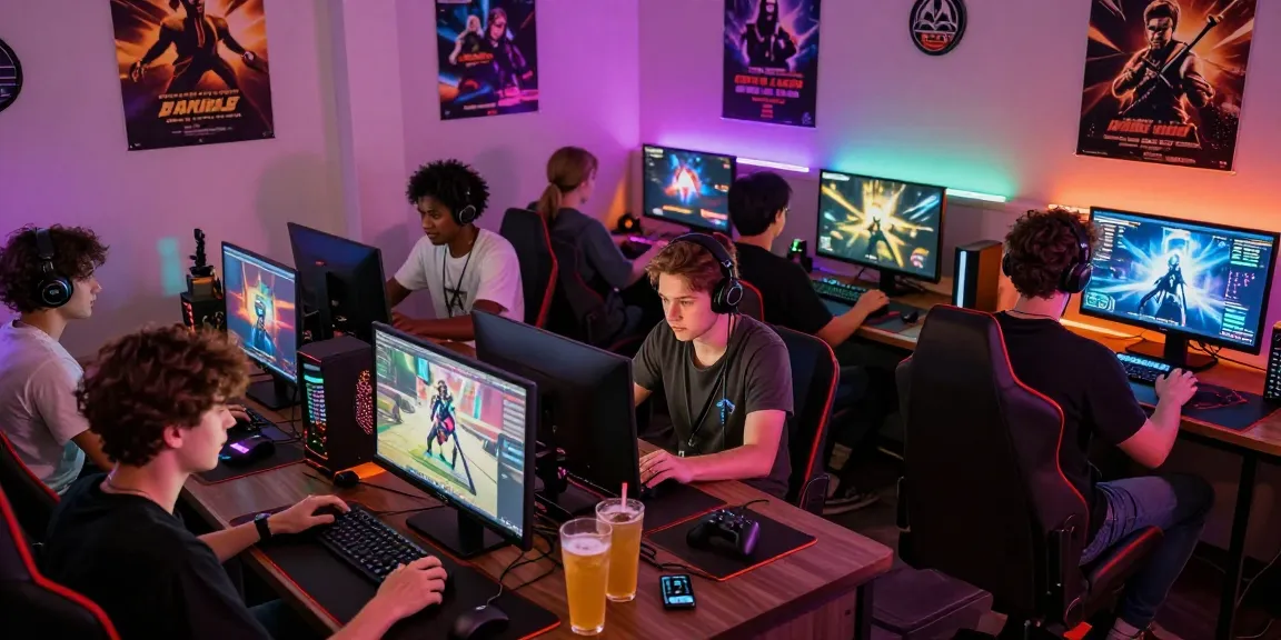 Players enjoying an adult game night with various devices and vibrant lighting