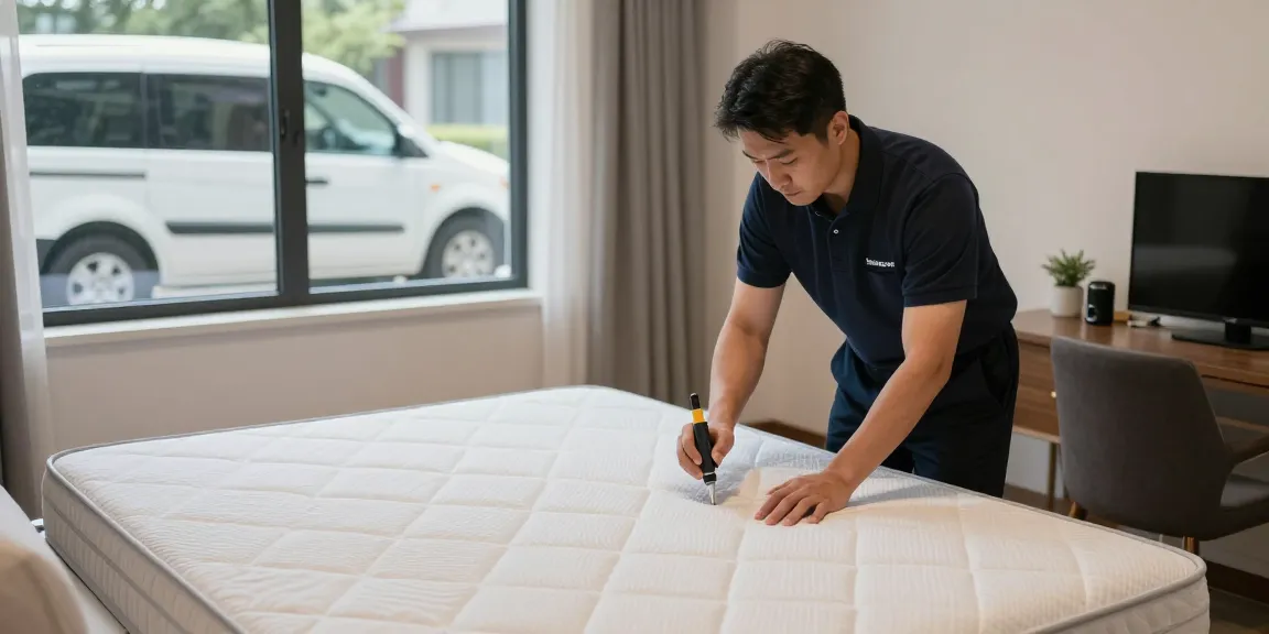 Bed bug exterminator inspecting a mattress in a discreet and professional bedroom setting.