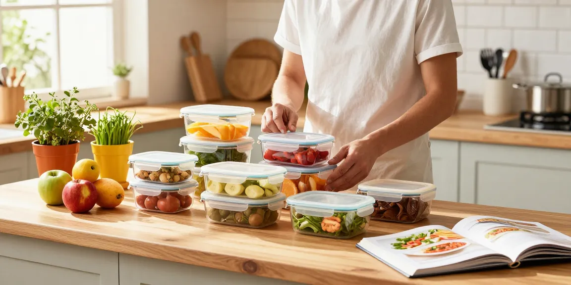 Organized kitchen with food storage containers with lids, fresh produce, and meal prep essentials.