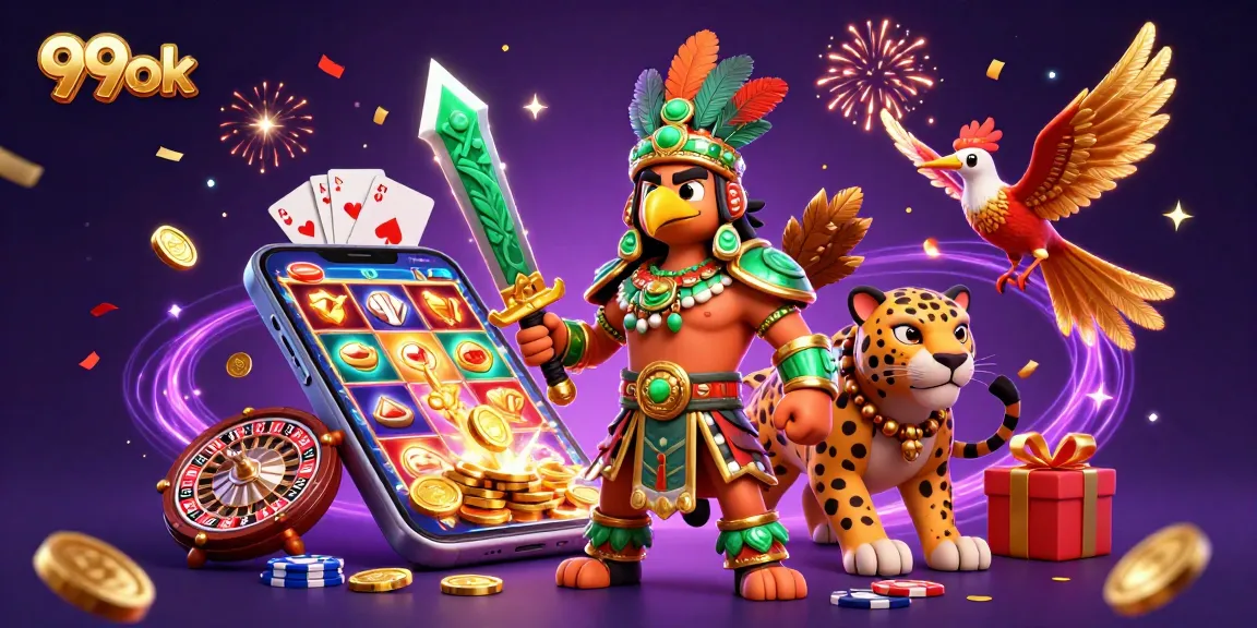 Win big with exciting games at 99ok, featuring Aztec warriors and vibrant casino elements.