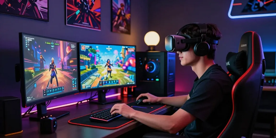 Player engaging with NSFW AI games on a vibrant gaming setup, showcasing immersive experience.
