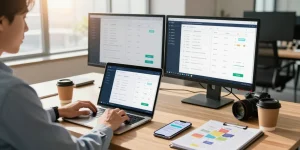 Business professional using an instant service booking platform in a modern office workspace.