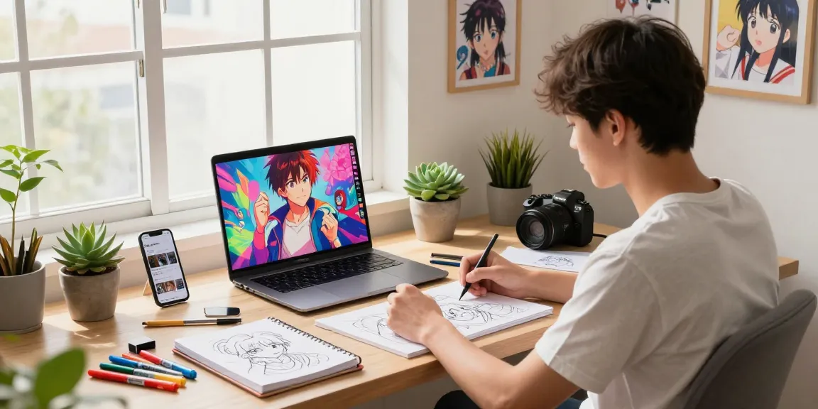Artistic workspace featuring ai ecchi-themed art tools and bright atmosphere