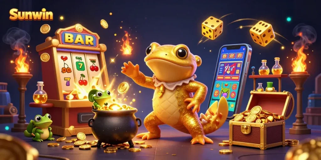 Play and win big at Sunwin with an enchanting illustration of gold-themed casino fun.