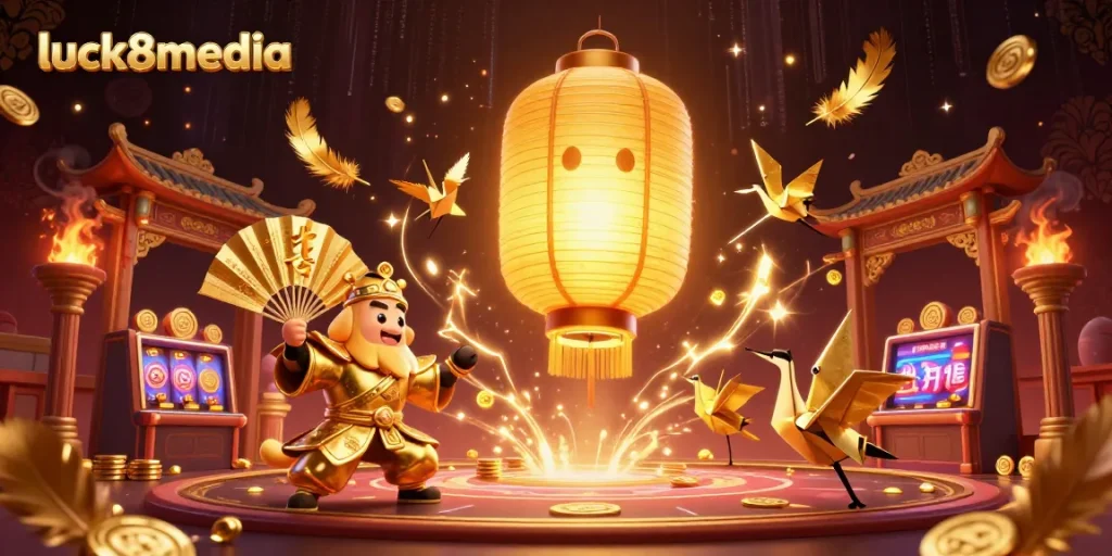 Experience the thrill of luck8media with floating spirits and dynamic casino elements in a vibrant scene.