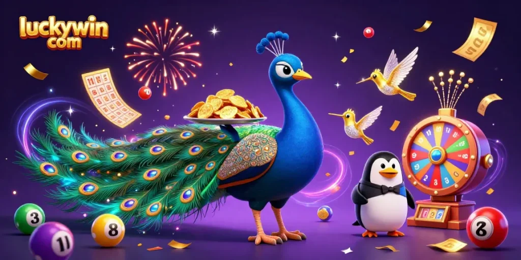Experience the excitement of luckywin com with a vibrant casino scene featuring dynamic lottery elements and lively characters.