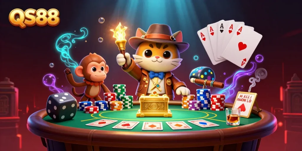 Engage with QS88's thrilling gaming atmosphere featuring vibrant animated characters and dynamic casino elements.