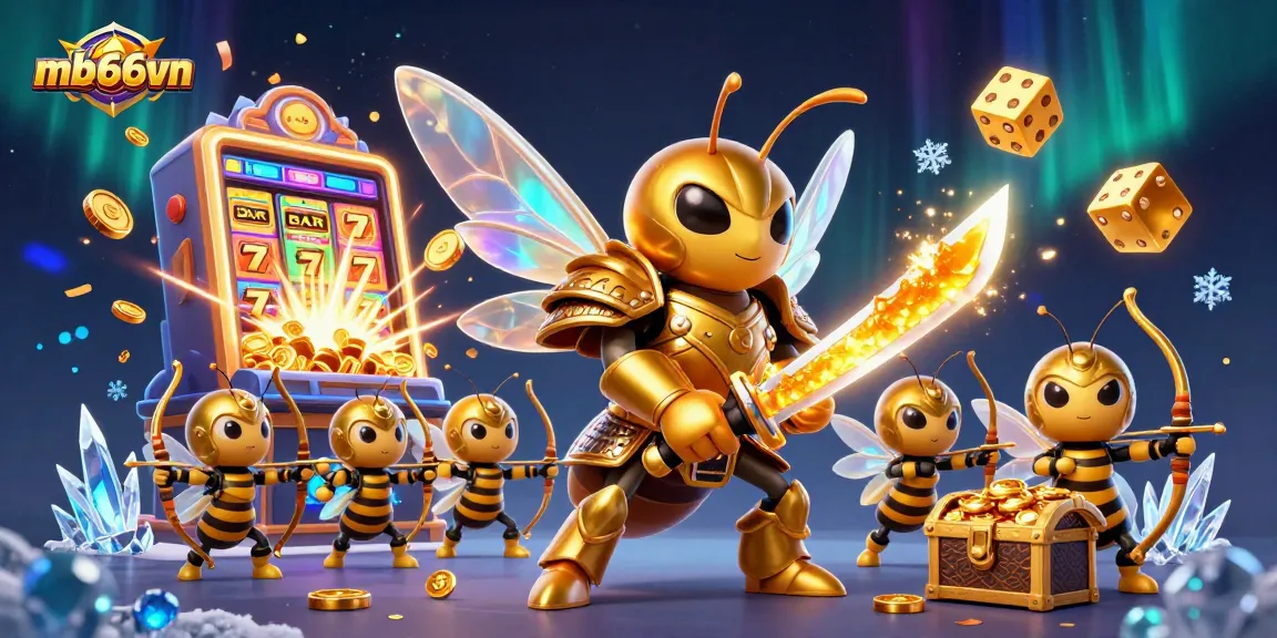 Experience the dynamic gaming world of mb66vn with a vibrant 3D golden hornet samurai and slot machine.