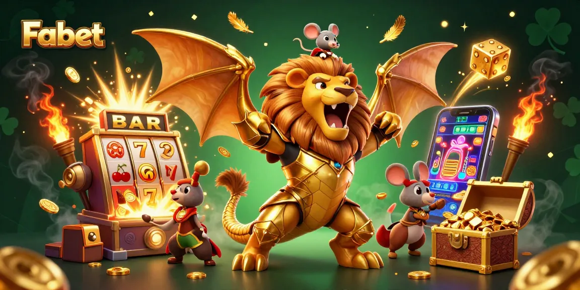 Fabet engages players with a vibrant casino experience featuring a roaring chimera and slot machine details.