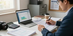 Contabilitate asociații și fundații nonprofit: contabil lucrând la birou cu documente și software contabil.