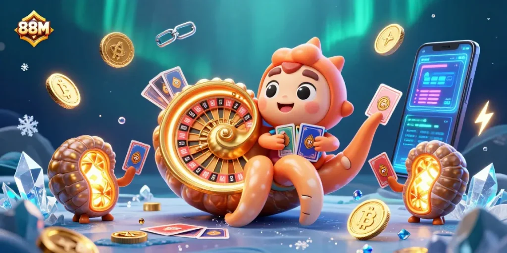 Experience the thrilling gaming vibe at 88M with vibrant illustrated casino elements.