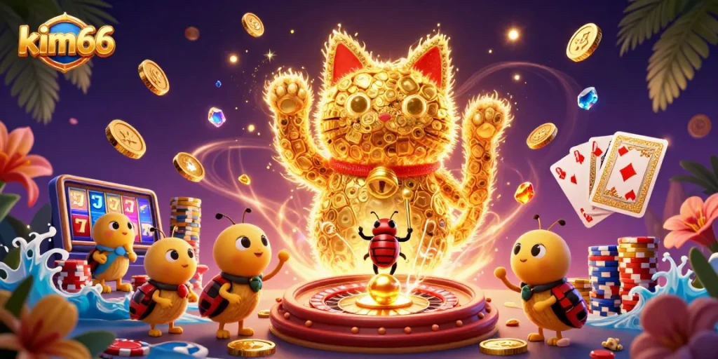 Join the winning adventure at kim66 with a vibrant illustration of a lucky cat and casino elements.