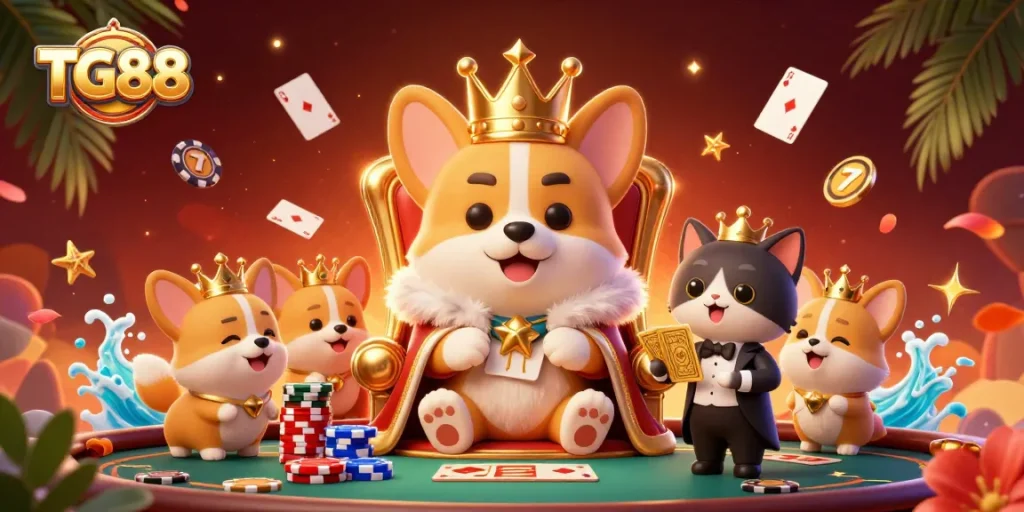 Play exciting games at TG88 with a royal corgi and cat butler amidst a vibrant casino atmosphere.
