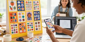 Custom stickers displayed in an engaging e-commerce setting with vibrant colors and a friendly atmosphere.