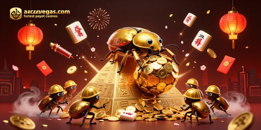 Experience the excitement of au.crazyvegas.com fastest payout casinos with a golden beetle rolling coins in a vibrant 3D casino scene.