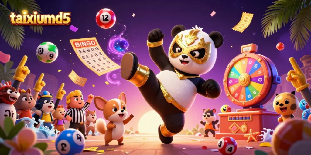 Exciting taixiumd5 scene with a panda wrestler and animal spectators amid vibrant lottery game elements.