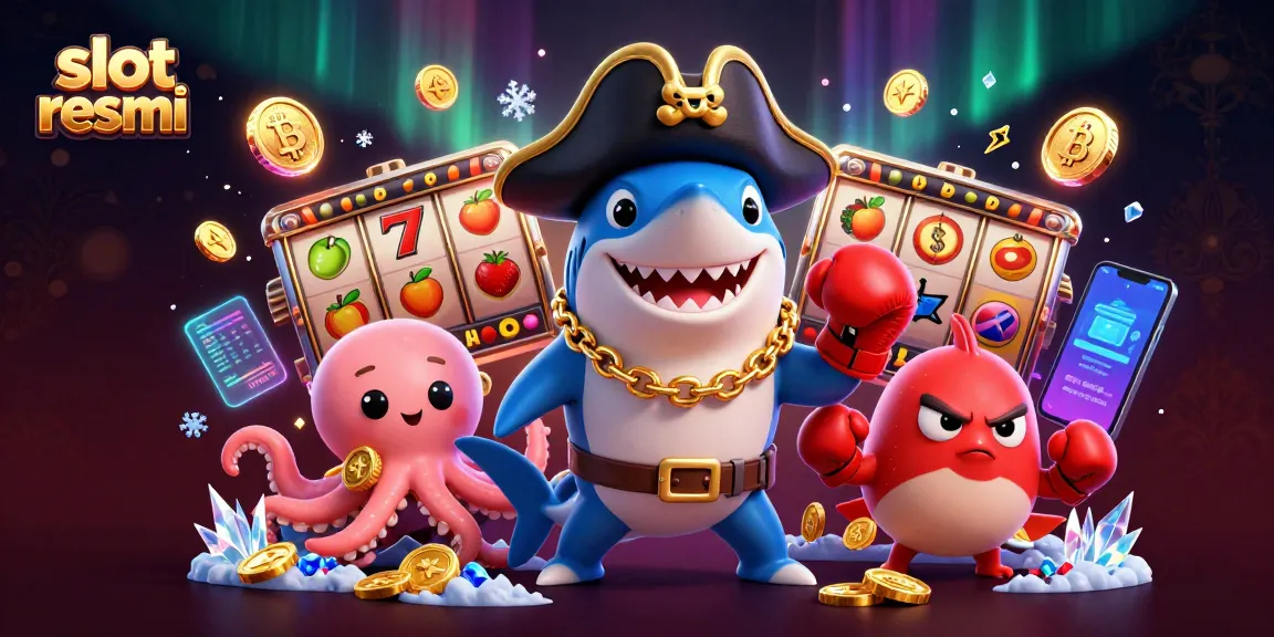 Amidst slot reels and colorful coins, a pirate shark and friends celebrate winnings at slot resmi.