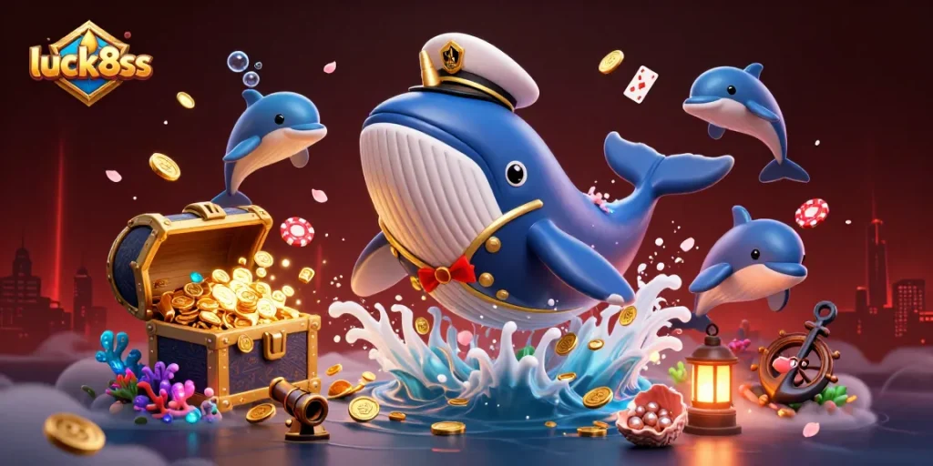 Join the gaming adventure at luck8ss with animated whales and dolphins celebrating casino wins.