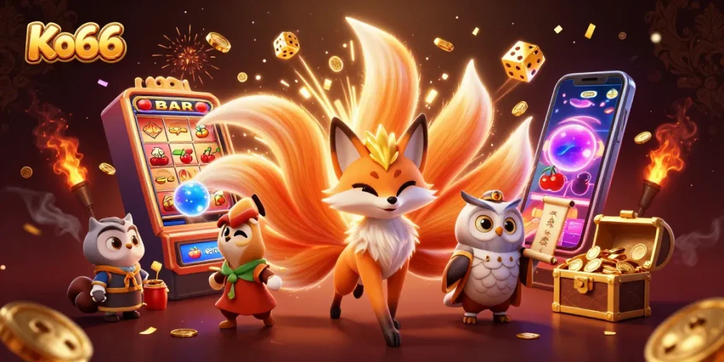Experience thrilling wins with Ko66's vibrant casino scene featuring a nine-tailed fox spirit.