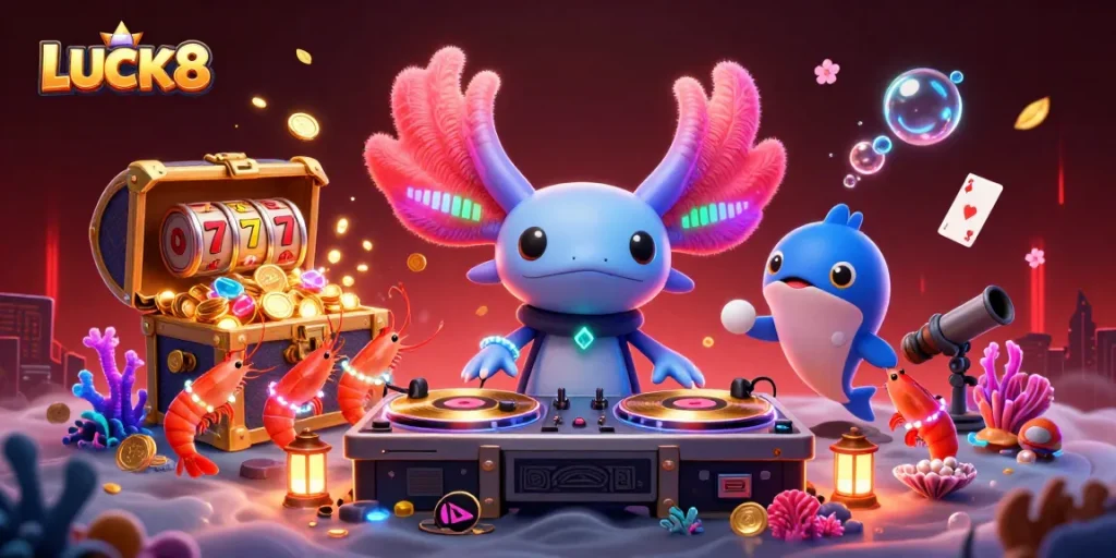 LUCK8 showcases an exciting underwater casino experience with an axolotl DJ energizing players with vibrant visuals.