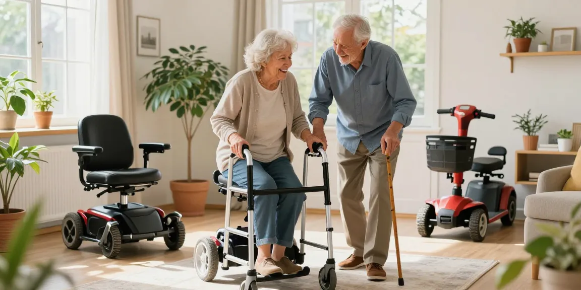 Buy nobility aids to enhance independence and comfort in home settings, showcasing a joyful elderly couple with mobility aids.